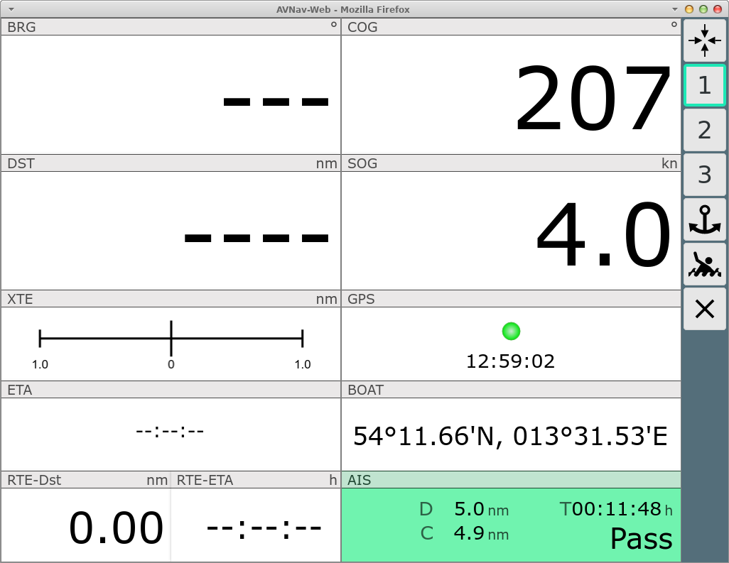 AvNav-Instrumentenpanel im Webbrowser mit Kurs-, Geschwindigkeits- und AIS-Daten
