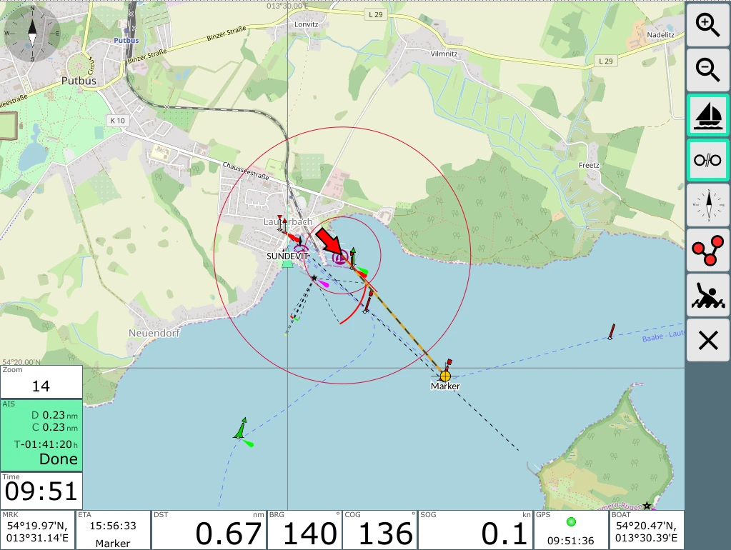 Kartenansicht der AvNav-Navigation mit AIS-Zielen und Wegpunkt