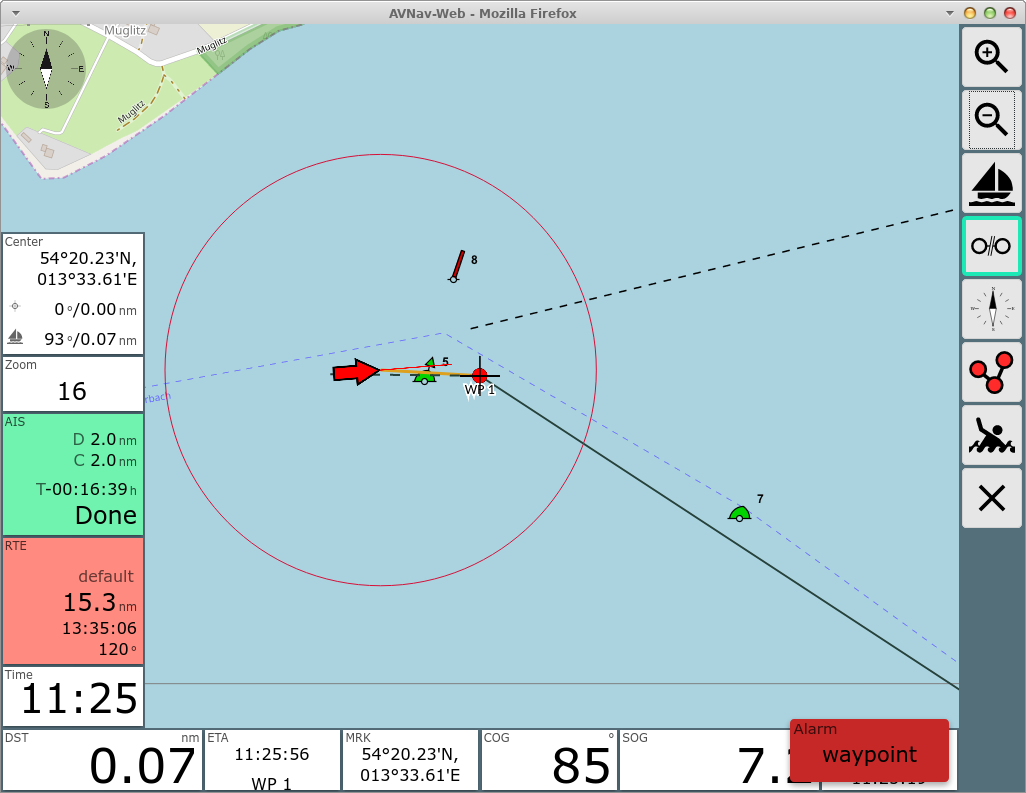 Wegpunkt-Navigation in AvNav mit Routen- und AIS-Informationen