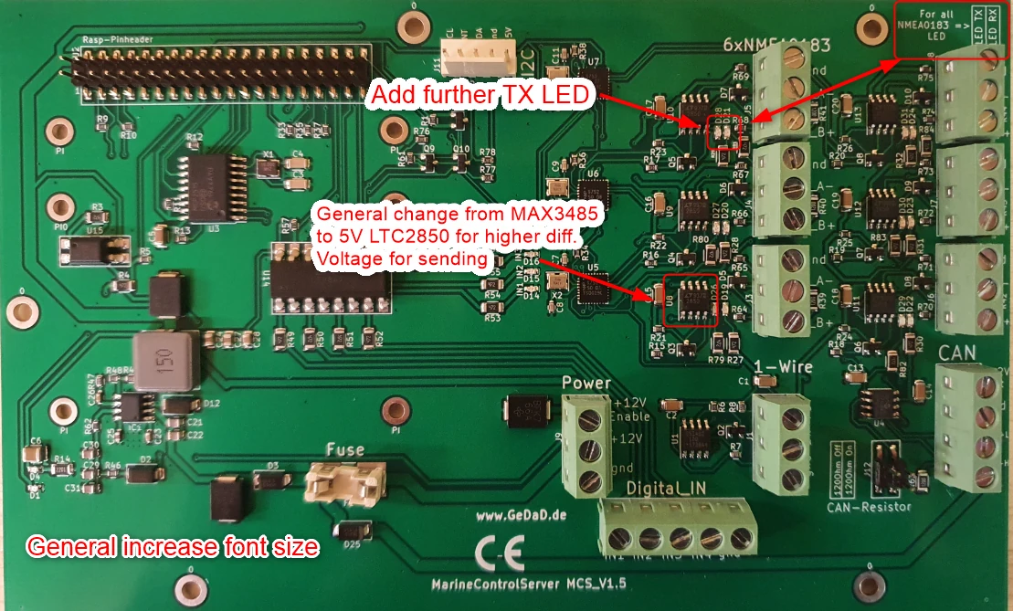 MCS-V1.5-Platine mit markierten Änderungen: zusätzliche TX-LEDs, LTC2850-Treiber und größere Beschriftung