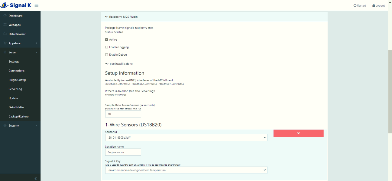 Konfiguration des Raspberry-MCS-Plugins im Signal-K-Server mit 1-Wire-Sensoreinstellungen