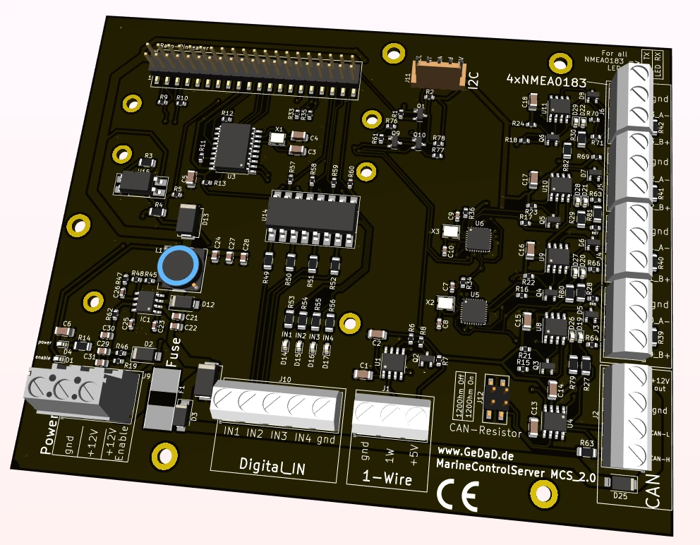 3D-Render der MarineControlServer-V2.0-Platine mit vier NMEA0183-Schnittstellen, CAN, 1-Wire und I²C