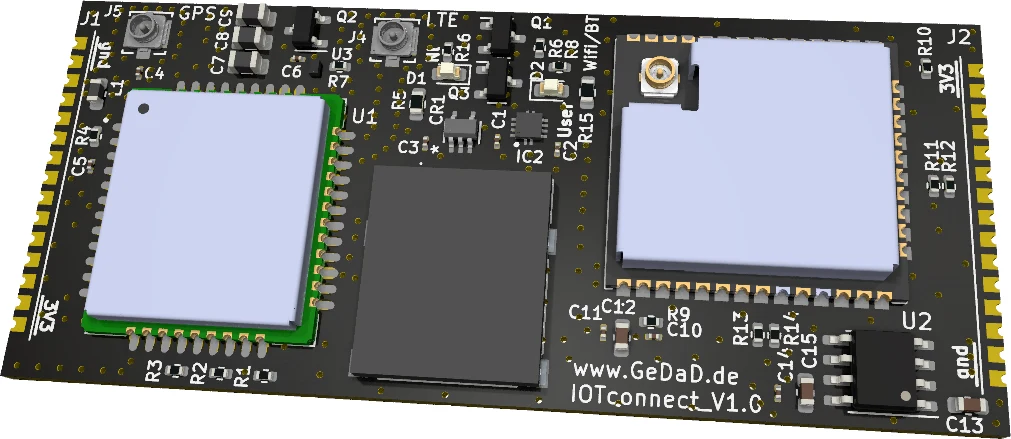 Darstellung des IOTconnect OEM-Moduls schräg von oben: schwarze Leiterplatte mit dem SIM7080G-Mobilfunkmodul links, dem Nano-SIM-Halter in der Mitte und dem ESP32-WROOM-32UE rechts, drei Antennenbuchsen an der Oberkante, vergoldete Randkontakte an beiden Längsseiten