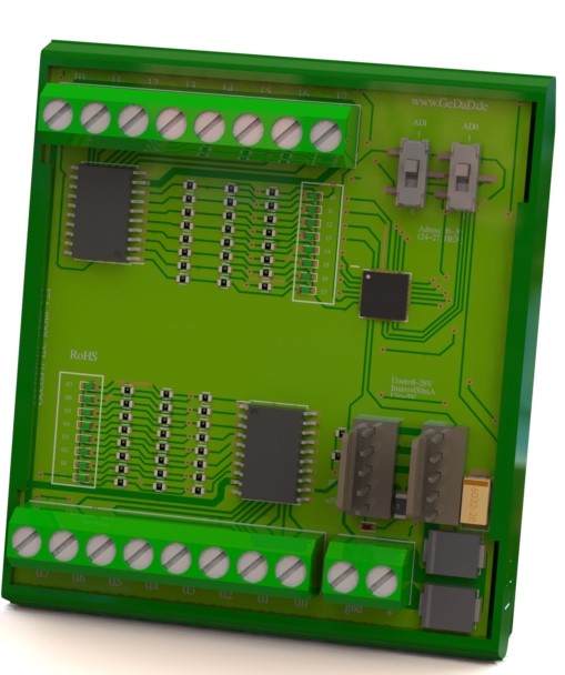 Rendering des GeCoS I2C_16out Ausgangsmoduls im Hutschienengehäuse