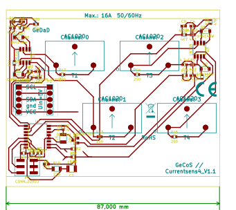 Platinenlayout des GeCoS Currentsens4 V1.1 mit vier Stromwandlern