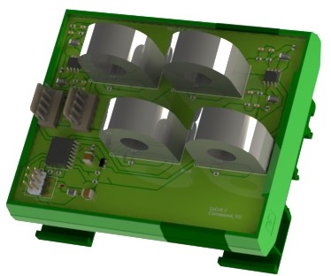 Rendering des GeCoS I2C_Currentsens4 mit vier Stromwandlern im Hutschienengehäuse