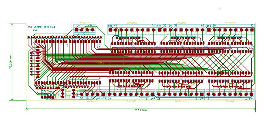 Platinenlayout der GeCoS PoKeys 48in (TGE Control 48in V1.1, 213,75 × 72,2 mm)