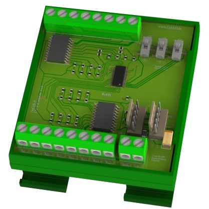 Rendering des GeCoS I2C_PWM16out Moduls im Hutschienengehäuse