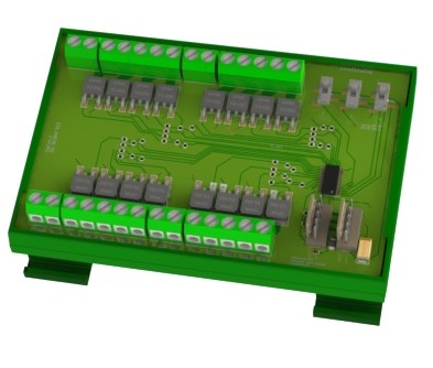Rendering des GeCoS I2C_RGBW16out Moduls im Hutschienengehäuse