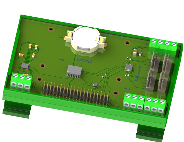 Rendering des GeCoS RasPi-Servermoduls im Hutschienengehäuse mit RTC-Batteriehalter und Schraubklemmen