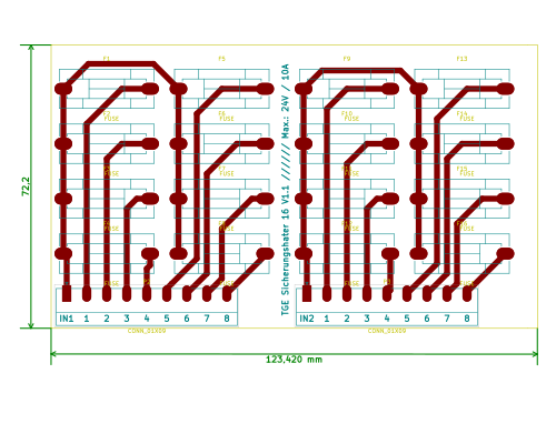 Platinenlayout des Sicherungshalter 16 V1.1 mit zwei getrennten Kreisen zu je acht Sicherungen