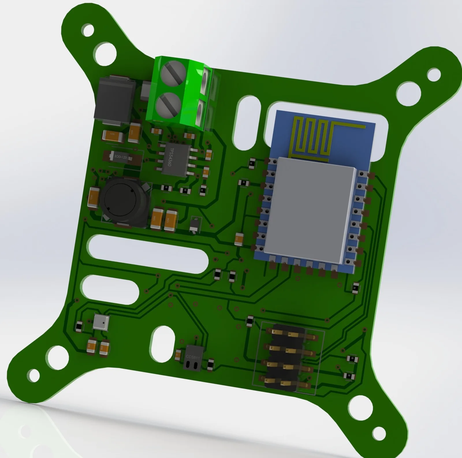 Rendering der GeCoS-W-THQ Platine mit ESP8266 und CCS811-Luftqualitätssensor